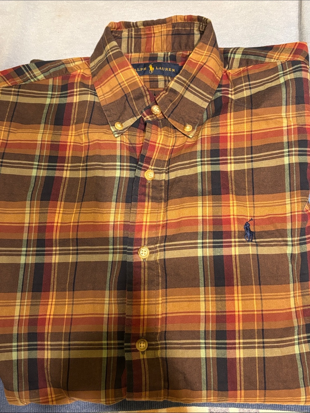 Ralph Lauren Men’s Brown, Orange & Yellow Plaid Button-Down Shirt